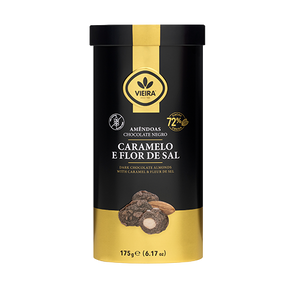Amêndoas Premium com Chocolate Negro 72% Cacau, Caramelo e Flor de Sal Lata 175g
