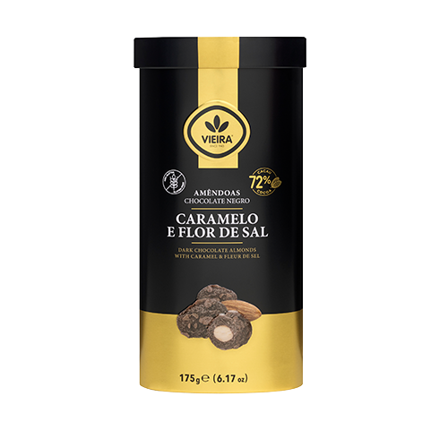 Amêndoas Premium com Chocolate Negro 72% Cacau, Caramelo e Flor de Sal Lata 175g