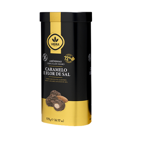 Amêndoas Premium com Chocolate Negro 72% Cacau, Caramelo e Flor de Sal Lata 175g