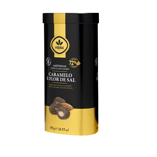Amêndoas Premium com Chocolate Negro 72% Cacau, Caramelo e Flor de Sal Lata 175g