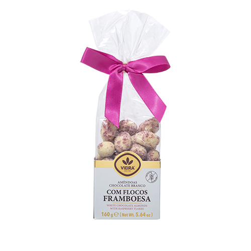 Amêndoas Premium Chocolate Branco Com Flocos De Framboesa 160G Frente