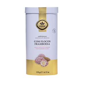 Amendoas Premium Chocolate Branco Com Flocos De Framboesa em Lata