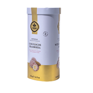 Amendoas Premium Chocolate Branco Com Flocos De Framboesa Lata 175G LATERAL
